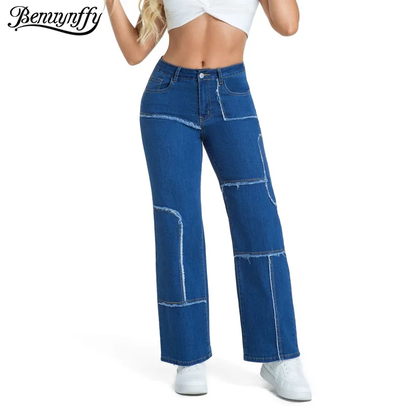 

Benuynffy Mid Waist Raw Trim Patchwork Jeans Women's Fashion 2025 New Streetwear Retro Loose Straight Leg Jeans Trousers
