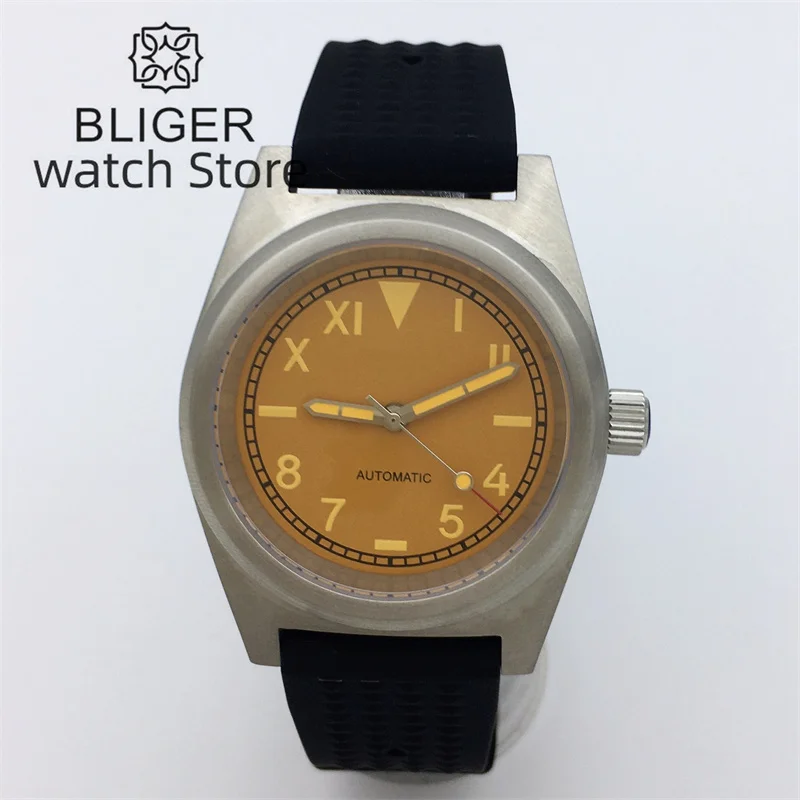 BLIGER PT5000 NH35A Automatic Watch For Men 38mm Brushed Case Vintage California Dial Luminous Sapphire Glass Rubber Strap