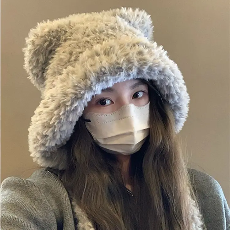 

female autumn and winter cute plush bear ears warm ear protection big head circumference Lei Feng show face small Lei Feng hat