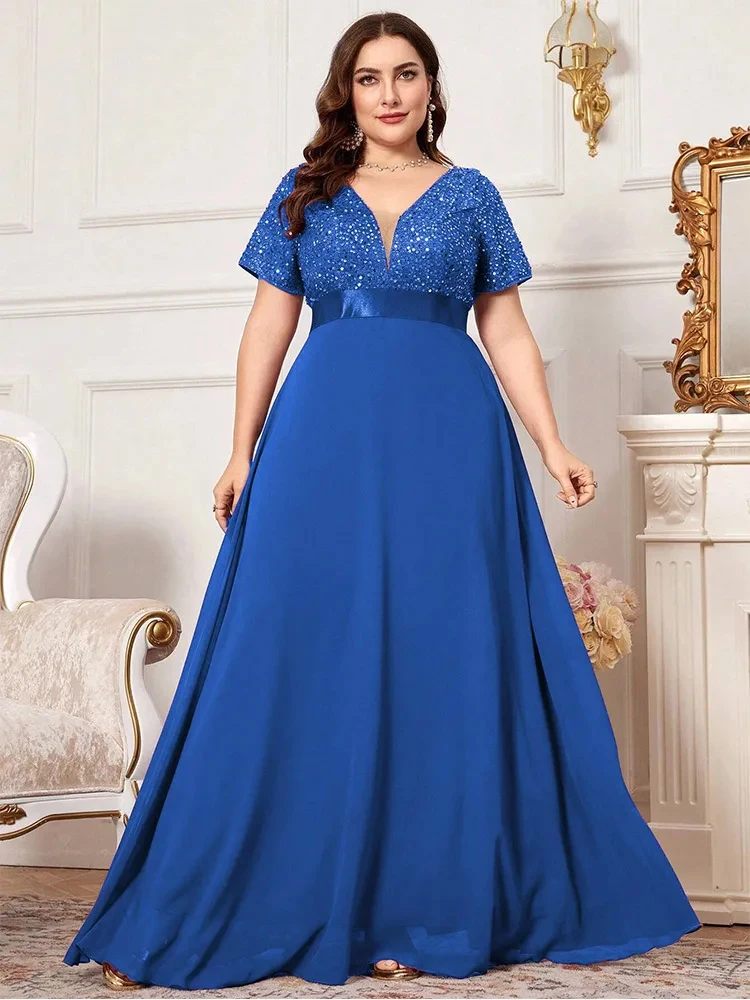 Plus Size V-neck Short Sleeve Sequin Wedding Bridesmaid Evening Dress 4XL 5XL Big Size Summer Chiffon Floor-length Long Dress