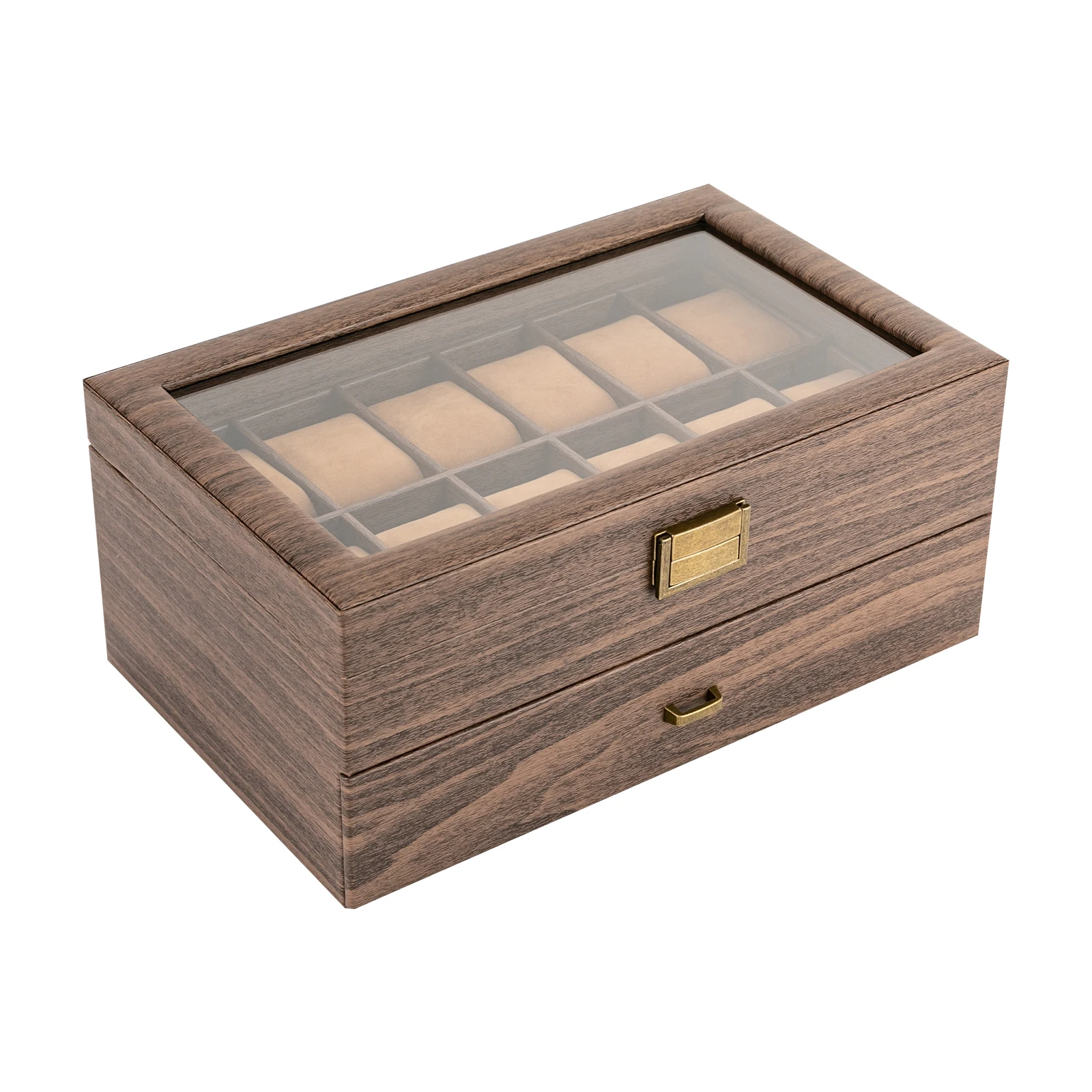 24 Slots Watch Box Watch Case Mens Jewelry Holder Watch Display Case w/ Drawer