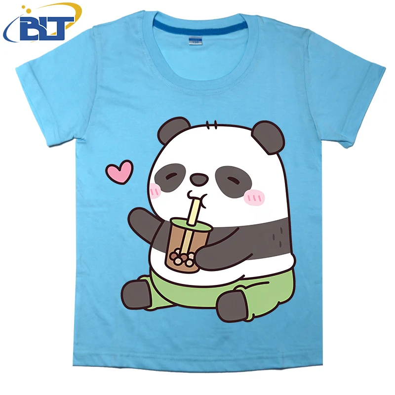 Panda gordinho infantil impresso algodão camiseta de manga curta, bonito ama chá de bolha, tops casuais, adequados para meninos e meninas, verão