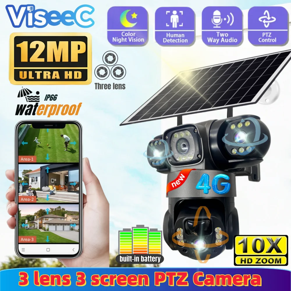 Solar 4G Camera With Sim Card 12MP 6K Three Lens Three Screen Monitor Night Vision Security Protection PTZ Video Surveillance