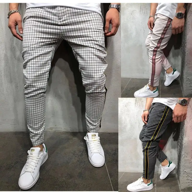 

Men's Sports Striped Side Woven Pants Straight Leg Cotton Trousers mid Waist Rope Buckle Neutral Gender Plaid Pattern