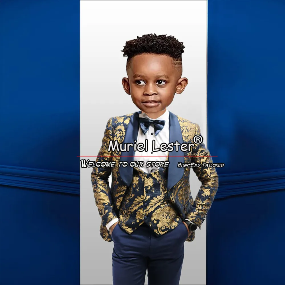 

Gold Floral Jacquard Boy's Suits For Wedding Single Breasted Blazer Vest Pants 3 Pieces Children Formal Party Kids Clothing 2024