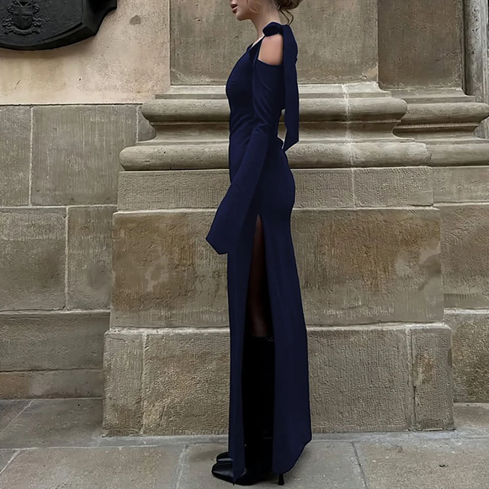 Elegant Pure Color Long Sleeve Wrap Dress Sexy Slant Shoulder Bow Tie Open Split Design Autumn Winter New Arrival Women's Dress