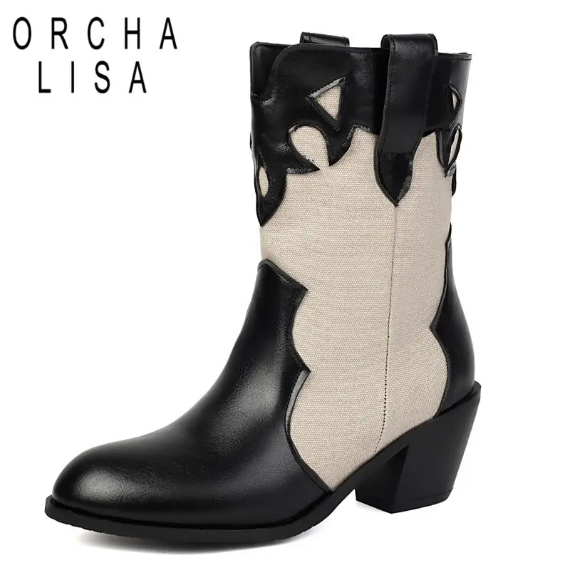 

ORCHA LISA 2025 Женские сапоги до середины икры для отдыха с круглым носком и блочным каблуком 6 см, разноцветные, большой размер 45 46 47 Vintage Daily Women Bota