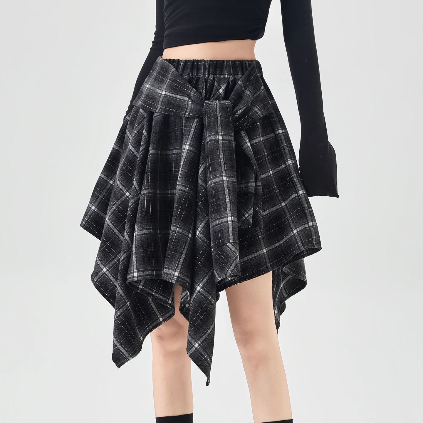Y2K Plaid Rock Frauen Vintage Strappy Asymmetrische Midi Hohe Taille Abnehmen Casual EINE Linie Kurzen Rock