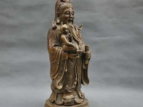 13'' China Smile Buddha Bring Baby Fu God Mammon Bronze Statue