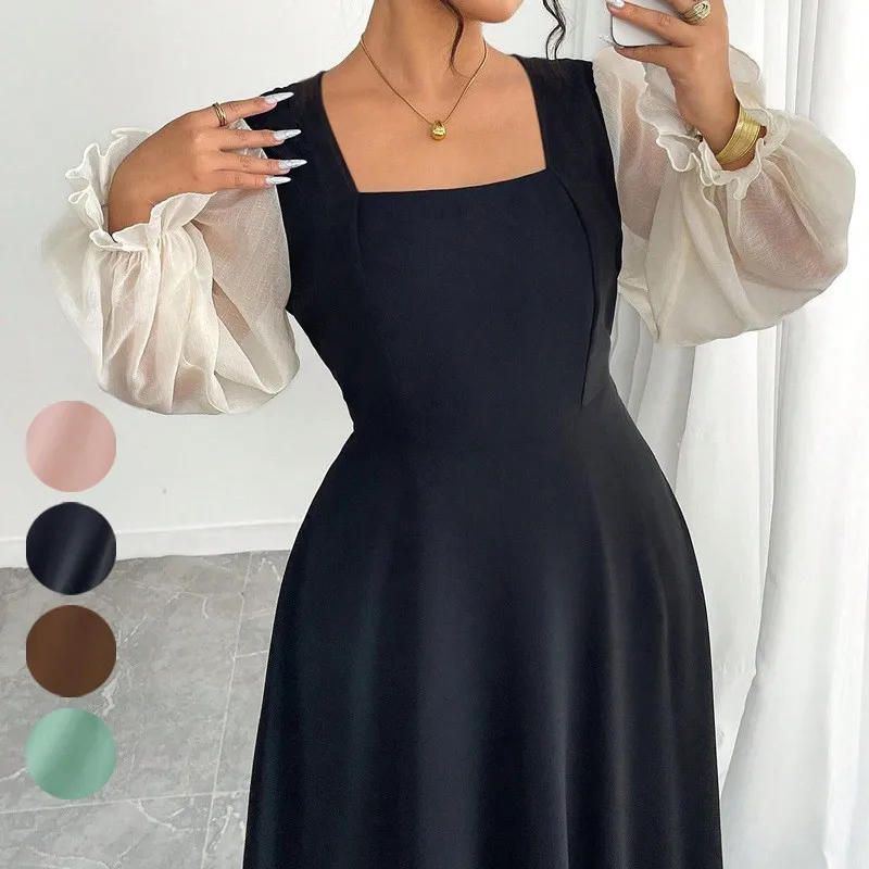 

Elegant Party Dress Woman Evening Square Neck Puff Sleeve High Waist Dresses Sheer Sleeve A Line Maxi Dress Black Midi Long