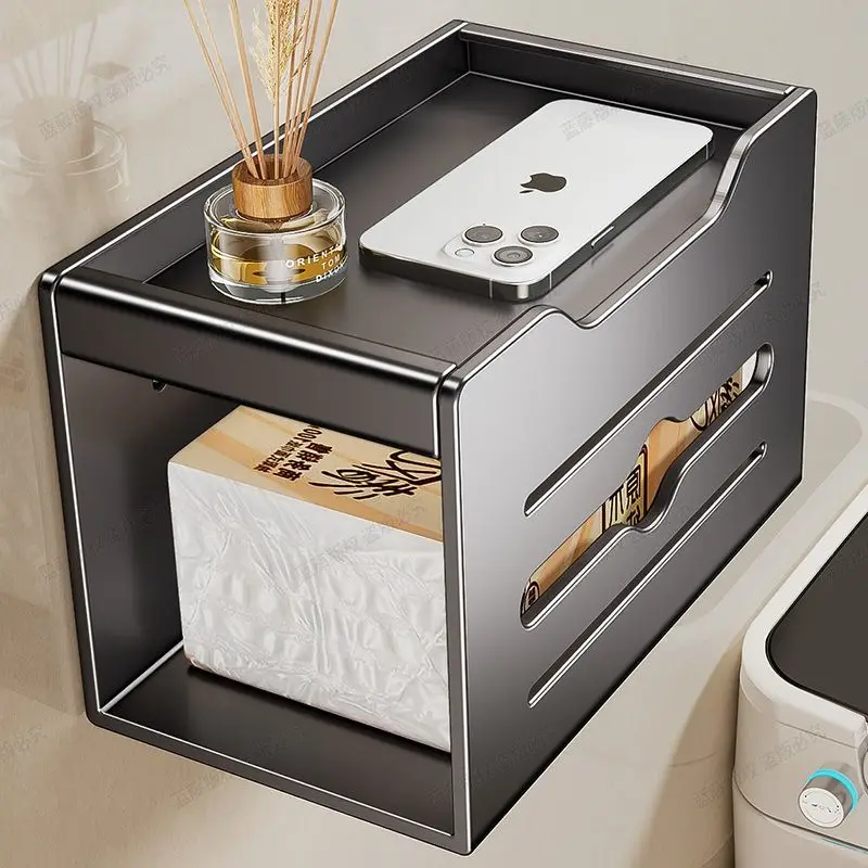 Toilet Paper Holder, Wall Mounted Tissue Roll Dispenser, No Drilling Bathroom Tissue Box with Storage Shelf