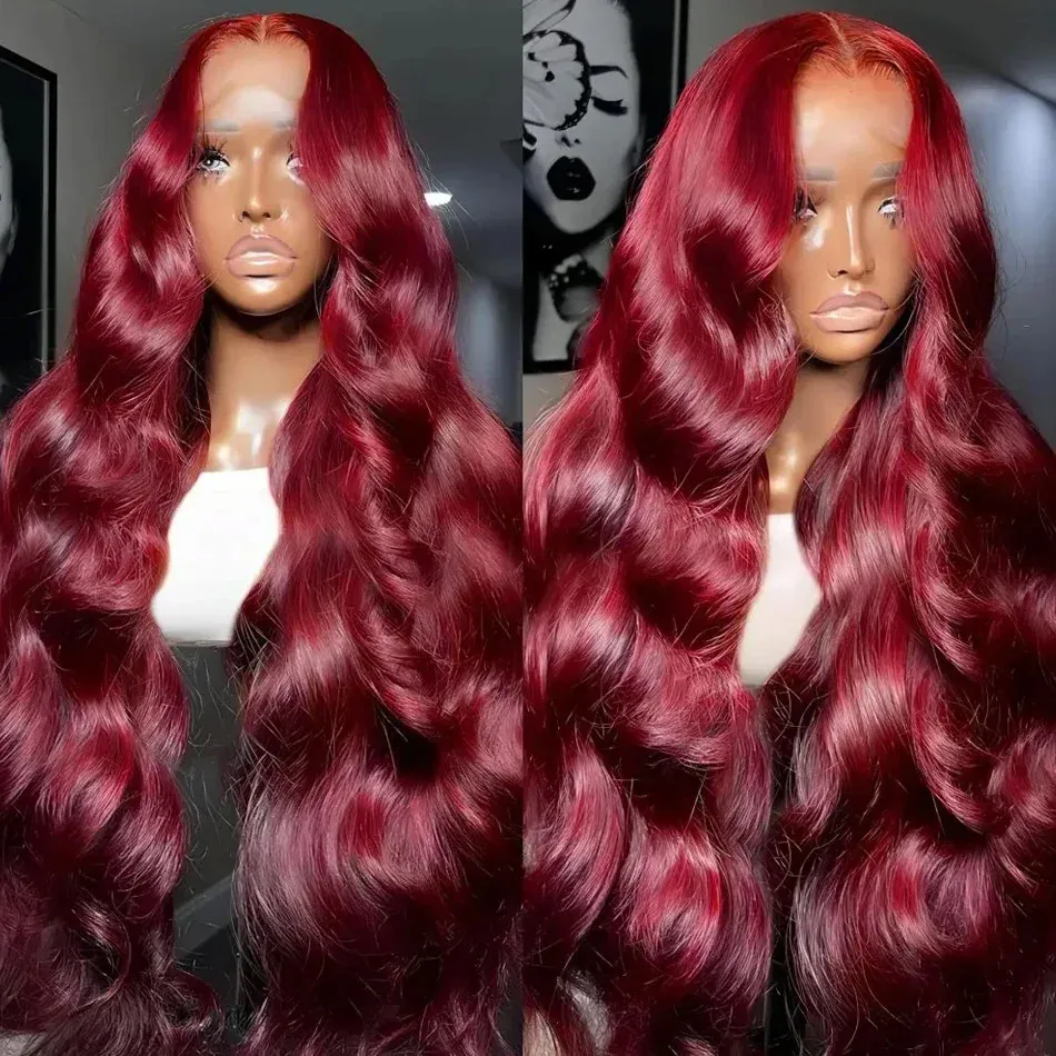 

180% 99J Burgundy 13x4 13x6 HD Transparent Body Wave Lace Front Human Hair Wigs 40 Inch Red Colored Frontal Wig For Black Women