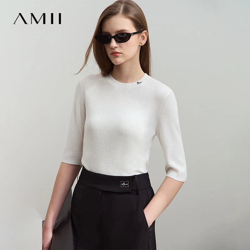 Amii Minimalism Knitted Sweater for Women 2026 Autumn Mid Sleeve Solid O Neck Versatile Pullovers Embroidery Slim Tops 12541082