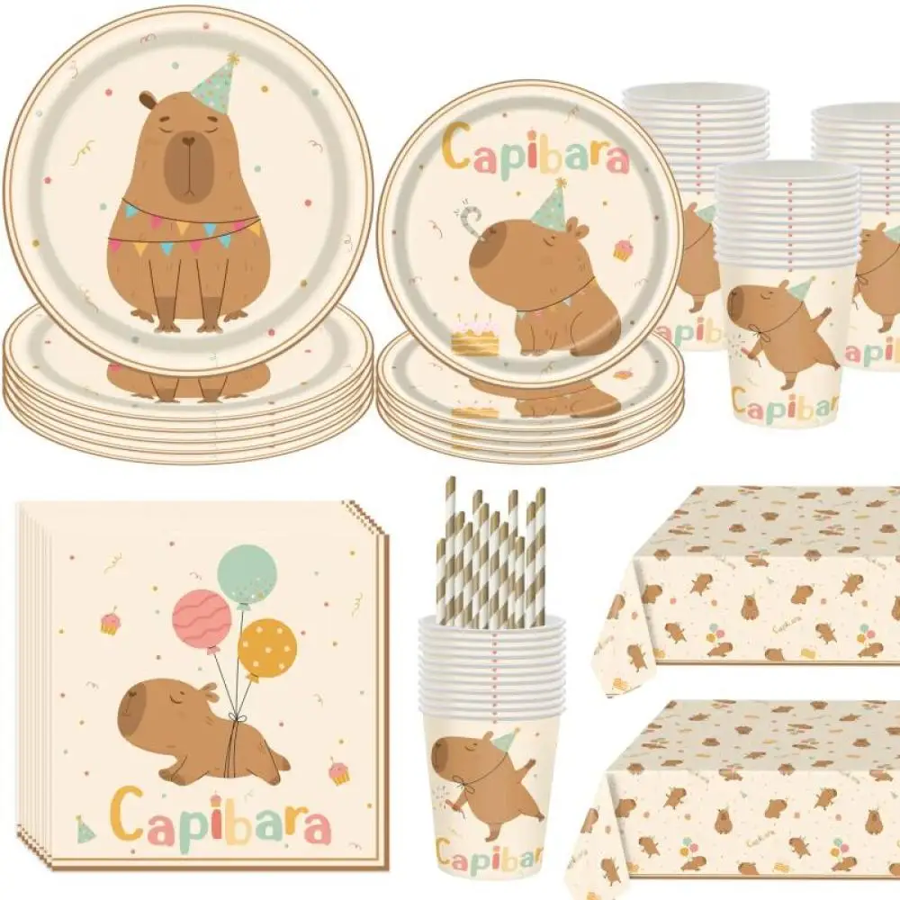 Cartoon Capybara Thema Geschirr Set Kinder Geburtstag Party Tasche Kuchen Topper Tischdecke Ballon Dekor Mädchen Gefälligkeiten Tier Supplie