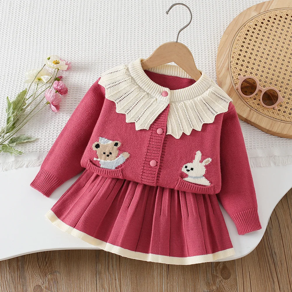 Children\'s sweater set girls autumn winter knitted cardigan long-sleeved jacket + checkered pleated skirt set 1-6 years