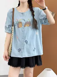 2026 Mori Girl Cotton Cute Animal Embroidered Denim Shirt for Women Japanese Short Sleeve Loose Casual Denim Blouse