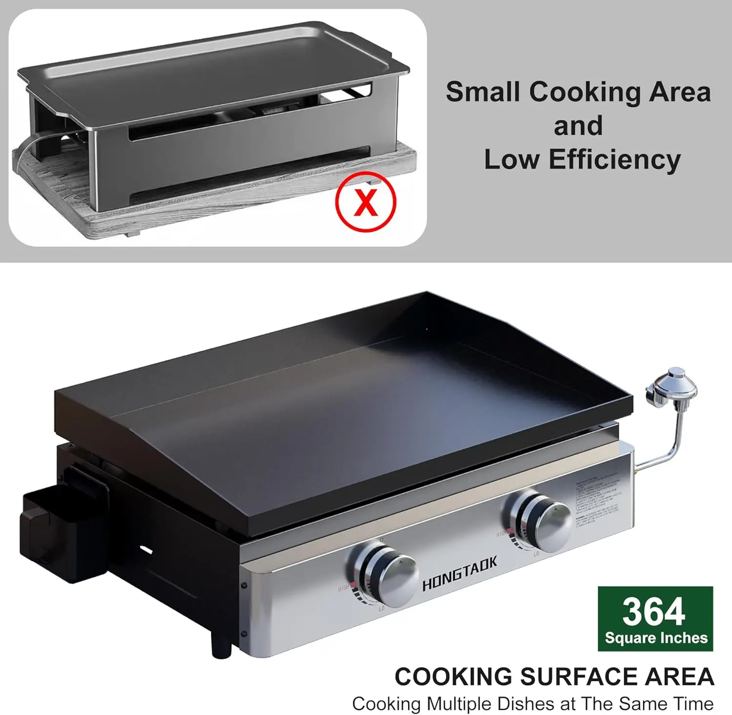 شواية غاز البروبان المحمولة مقاس 23 بوصة مع مقلاة خبز وغطاء مطلية بالسيراميك غير لاصق، سطح طاولة خارجي 2 شعلة بروبان