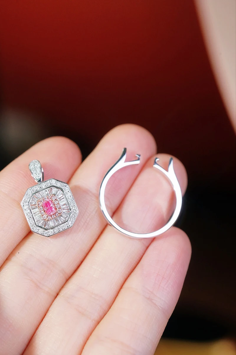 LUOWEND 100% 18K White Gold Rings Women Luxury Vintage Style Real Natural Pink Diamond Ring or Pendant High Party Jewelry