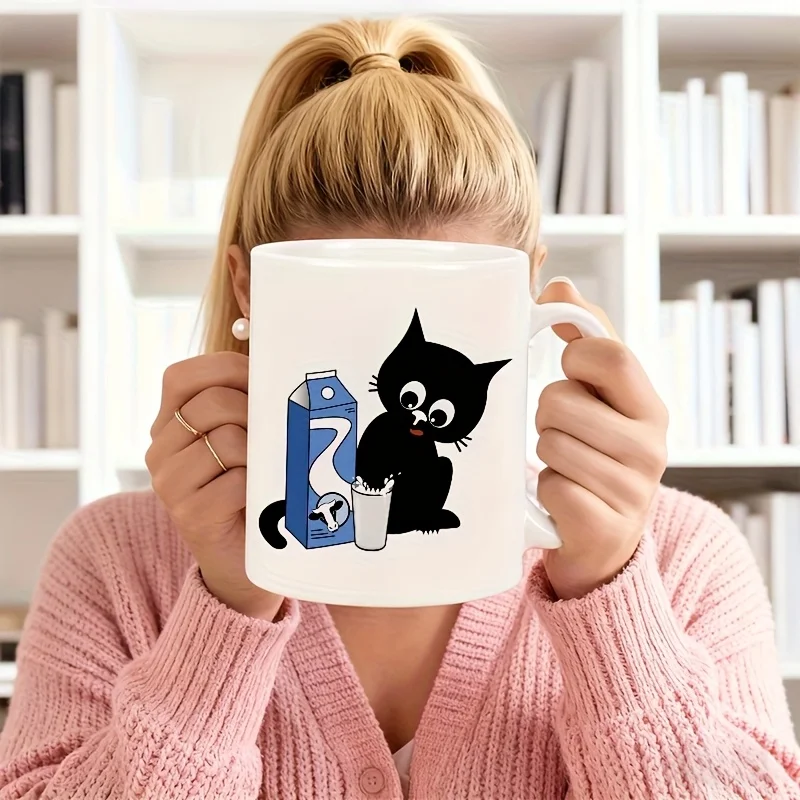 1pc Cute Kitten and Cow Pattern Mug - Featuring a kitten and cow spotted pattern, reusable and suitable for office use.