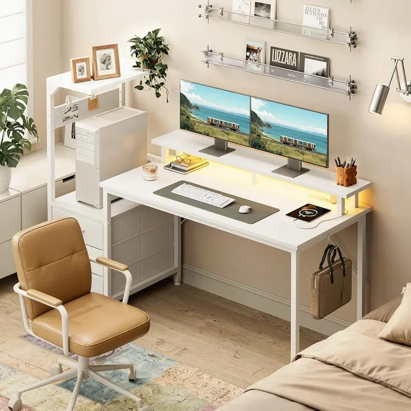 Modern Gaming Desk with Monitor Stand Storage Drawers Side Hooks and Rack Computer Table for Gamer Home Office Setup