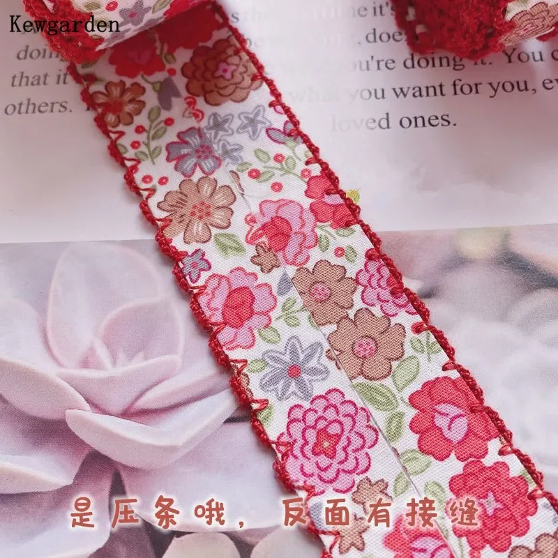 Kewgarden DIY Bows Hair Accessories 32mm 12mm Print Floral Overlock Edge Ribbon Handmade Tape Sewing Crafts 5 Meters