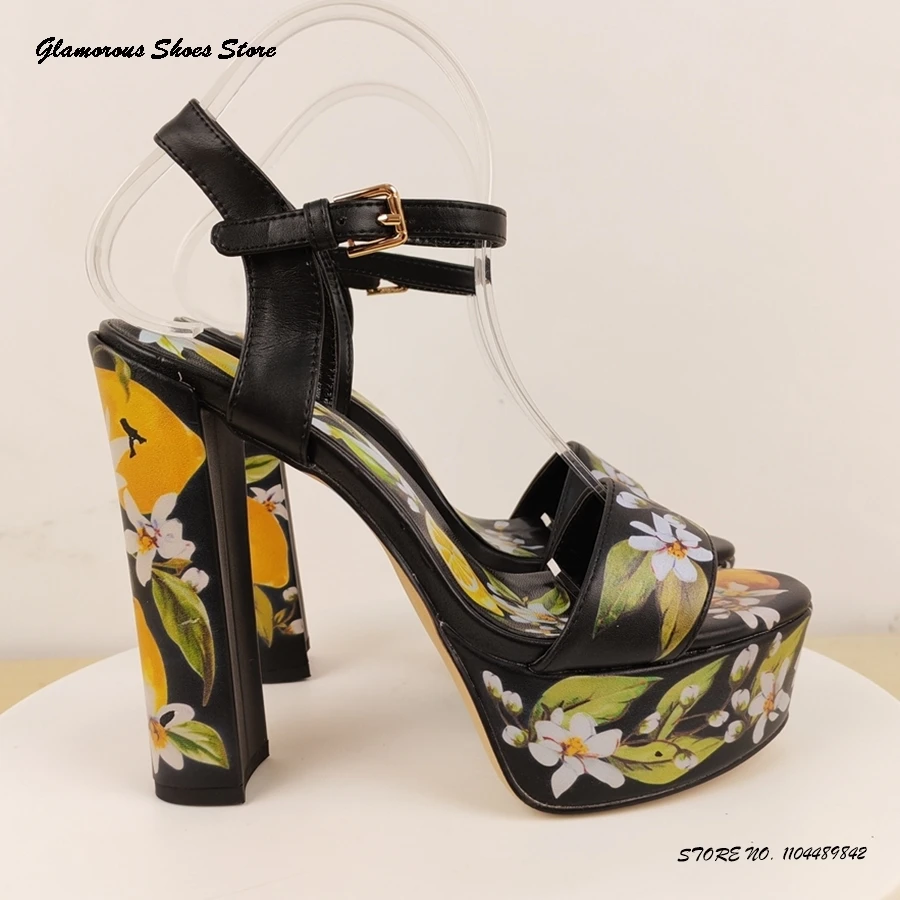 

Bohemian Vacation Style Platform Sandals Women's Print Buckle Strap Leather High Heels Round Open Toe Chunky Heel Party Shoes