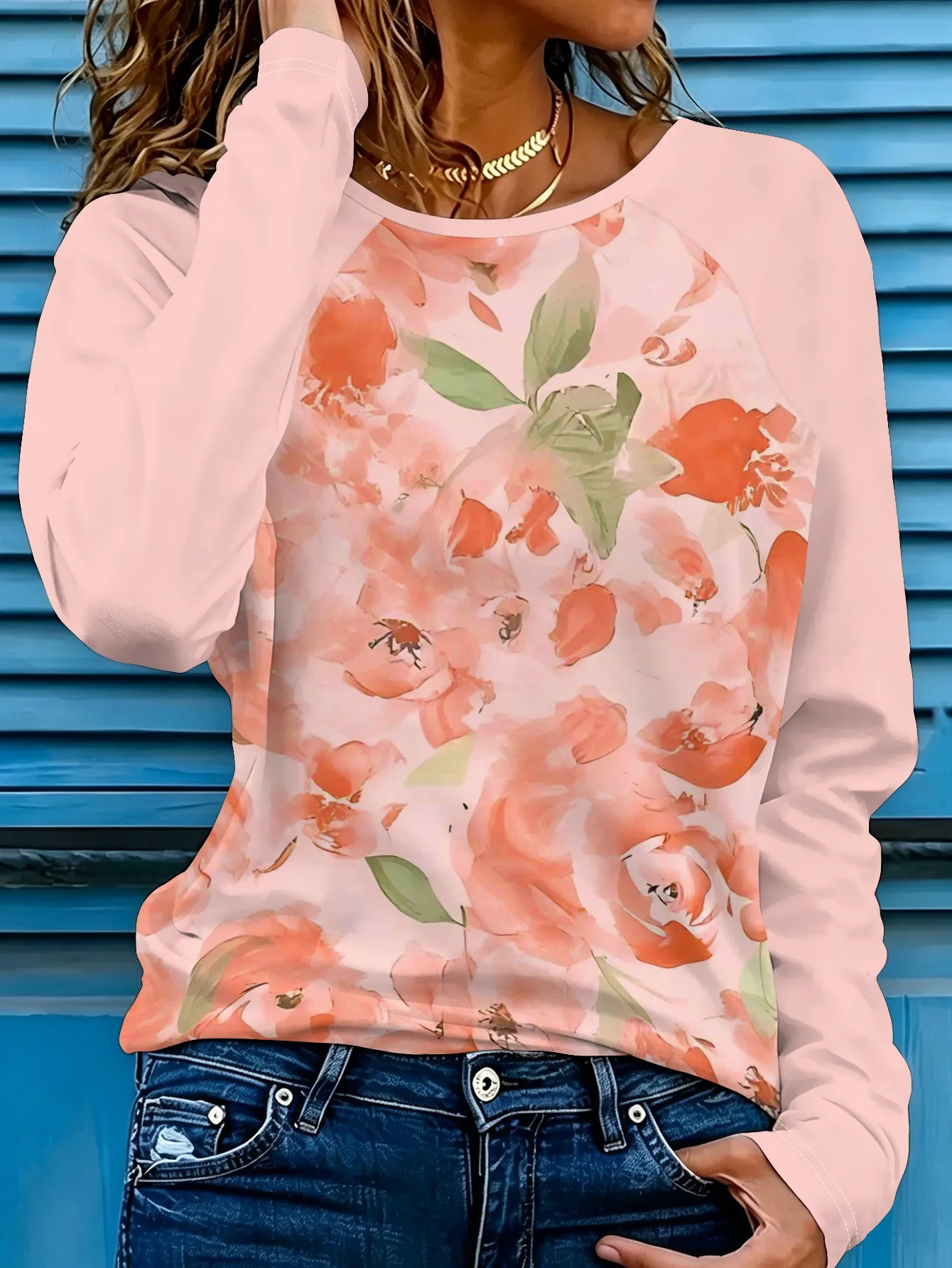 New Women Round Neck Long Sleeve T-shirt Watercolor Rose Floral Street Print Casual Top Spring Autumn Ladies Daily Wear