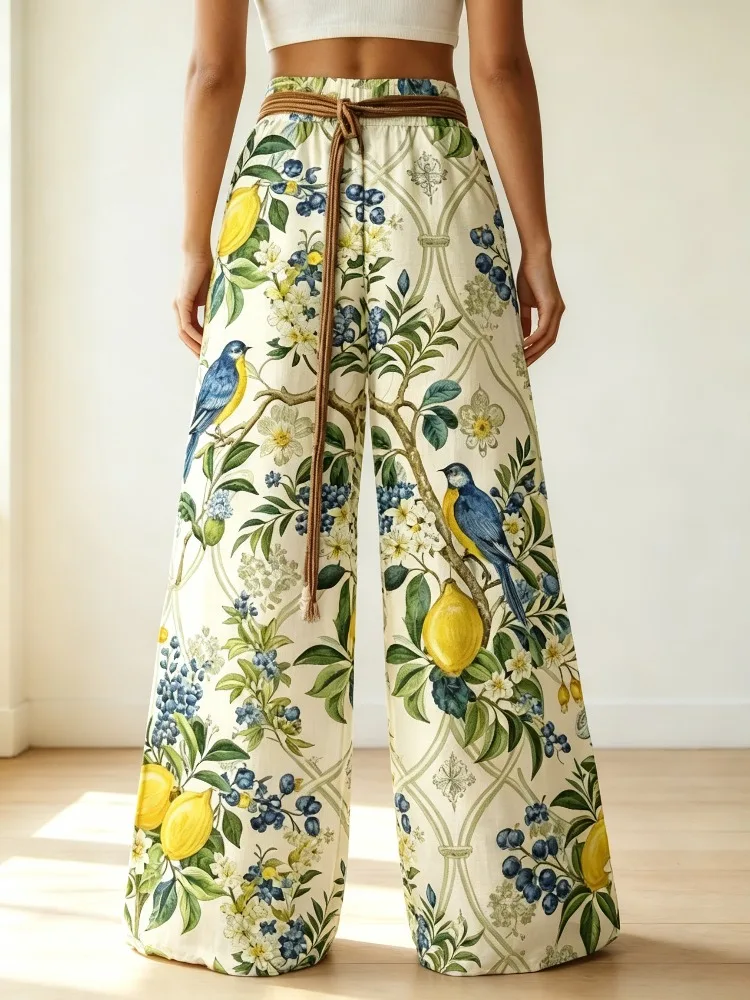 2026 New Style Women's Printed Wide-leg Pants, Featuring a Tropical Bird and Lemon-colored Floral Pattern, with Drawstring High-waist Design. Fast Shipping from the US Warehouse. Ideal for Summer Bohemian Beach Outdoor Vacation and Daily Casual Wear.