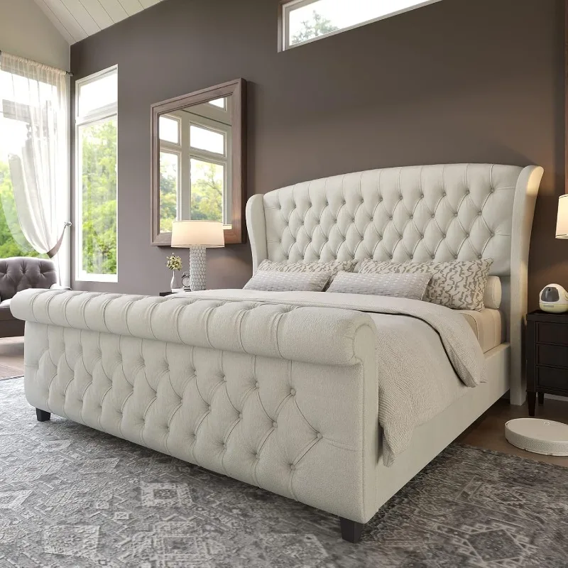 Queen Size Platform Bed Frame, igh Bed with Scroll Wingback Headboard & Footboard/Button Tufted/No Box Spring Required/Cream