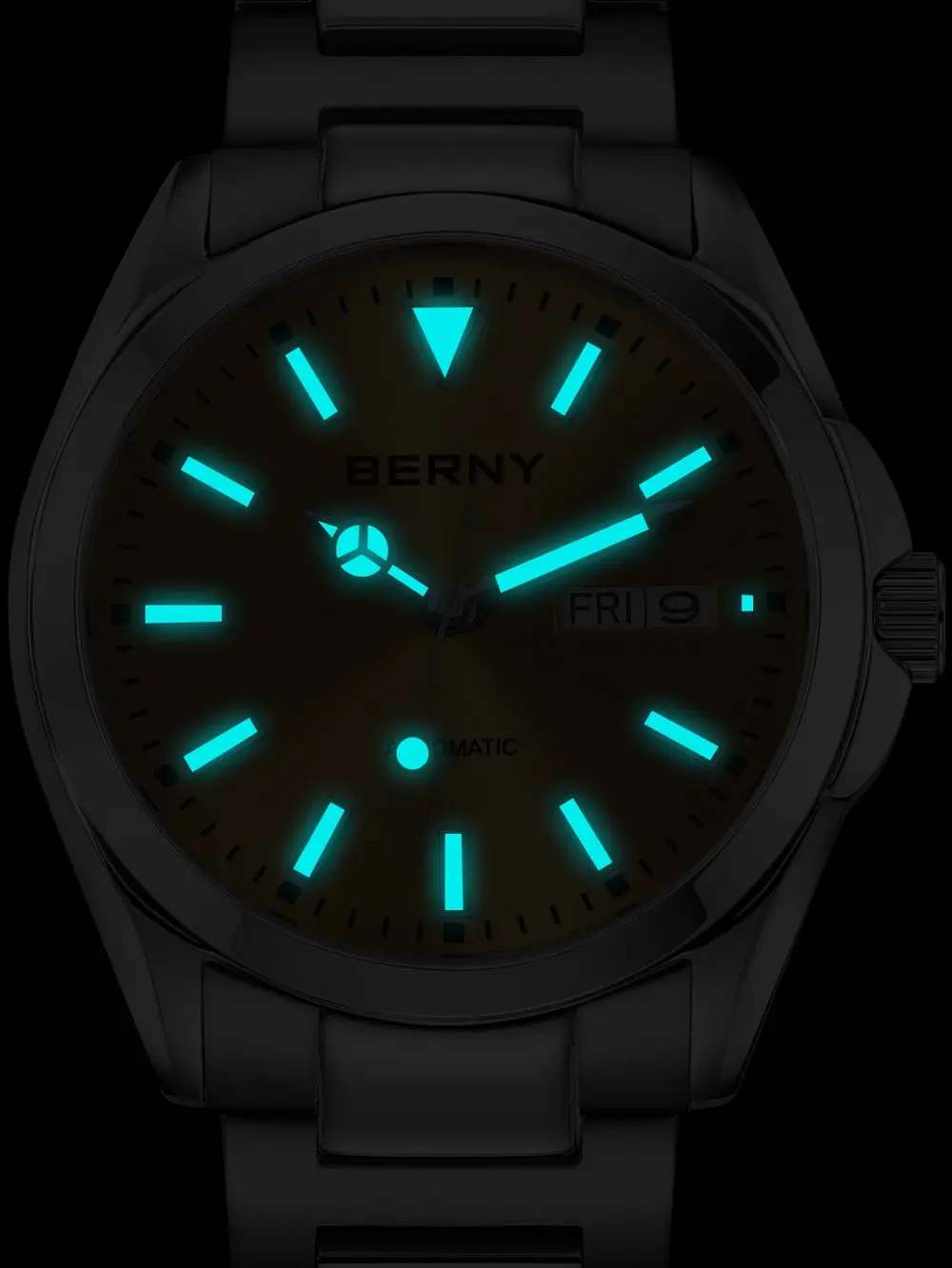 BERNY Automatikuhren für Herren, superleuchtend, Datum und Woche, mechanische Herrenuhr, komplett aus Edelstahl, Armbanduhr NH36, Saphir – Detail 5