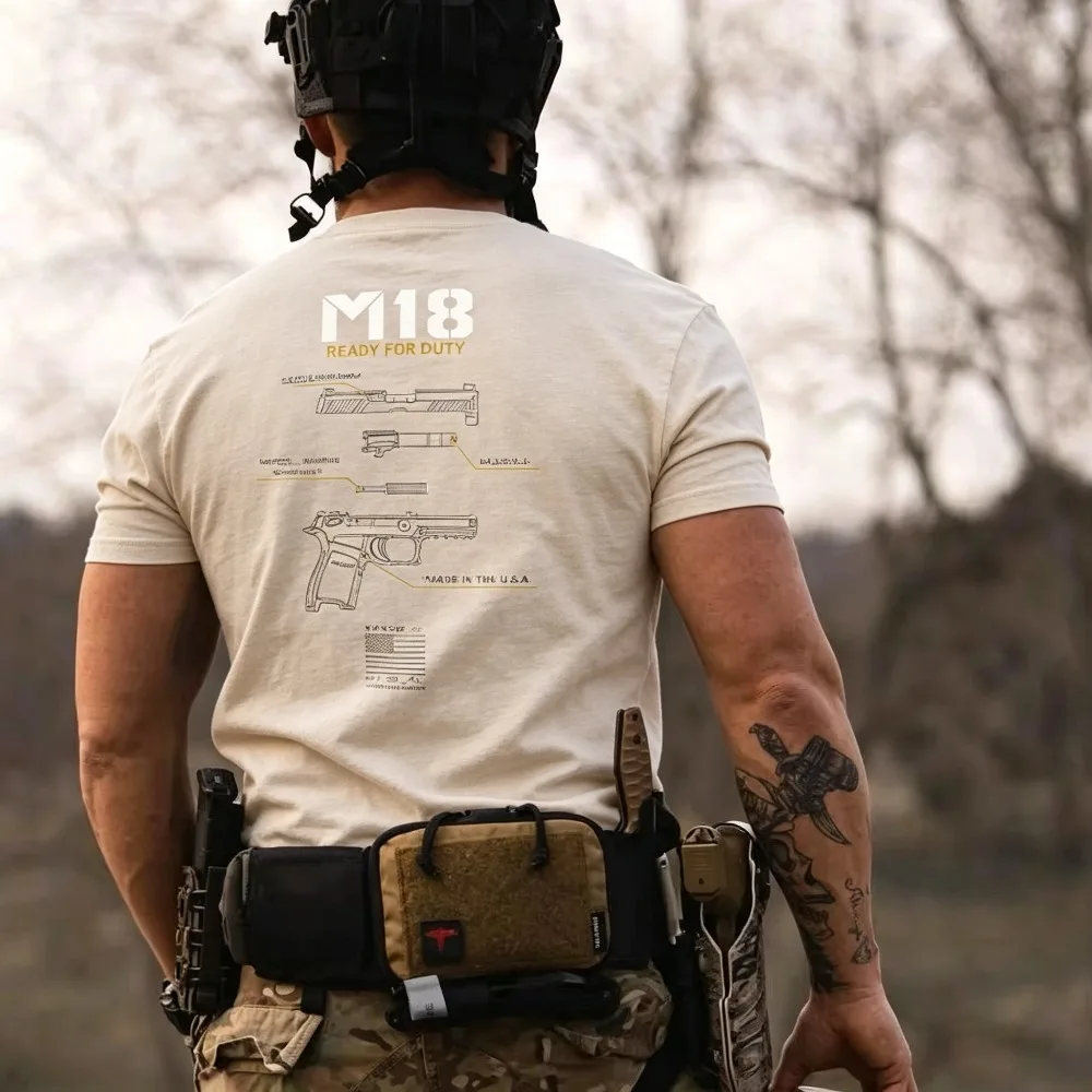2026 New American Tactical Shooting Printed Crew Neck T-shirt, M18 Theme Tee for Army Fans Outdoor Competition Training