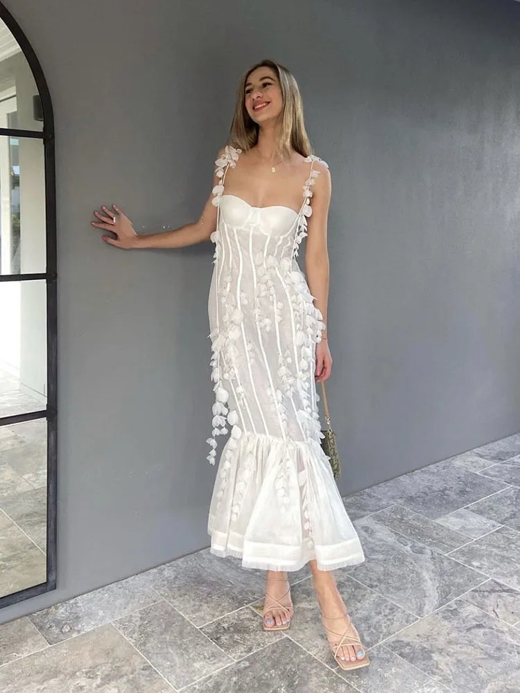 White Pretty Elegant Mermaid Prom Dresses Spaghetti Strap Sleeveless 3D Appliques Women Party Cocktail Night Gowns Custom Made