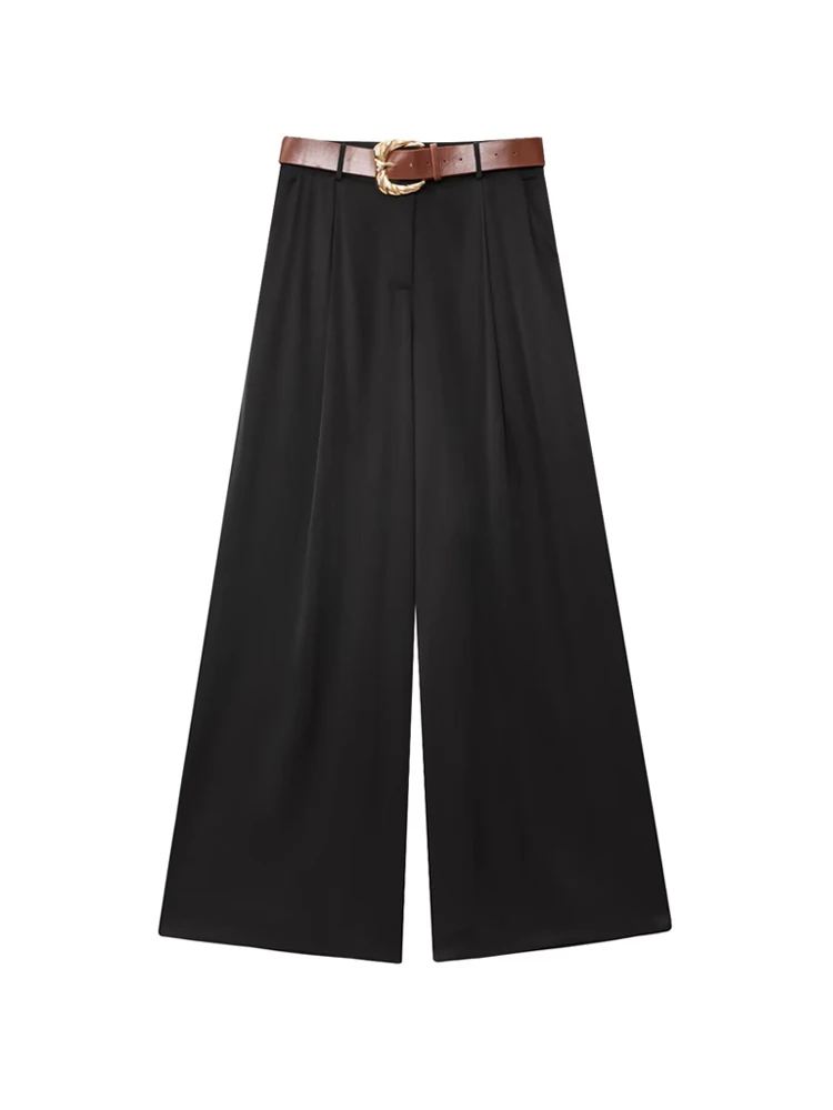 سراويل عالية الخصر واسعة الساق للنساء سراويل نسائية عصرية بحزام أمامي وجيوب جانبية