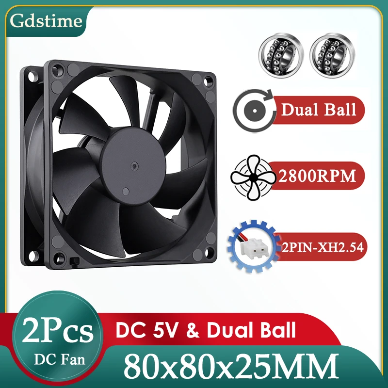 

2Pcs Gdstime DC 5V Cooler Fan 80MM*25MM Brushless Cooling Fan 80MM Dual Ball Radiator for Graphics Board Cooling 8025 Case Fan