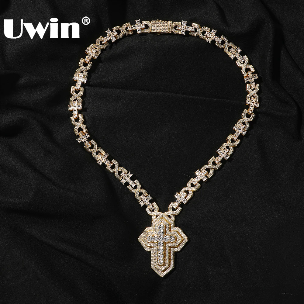 UWIN 2 Tone color Cross X Shape Link Chain with Baguettecz Cross Pendant Necklace for Men Religious Hip Hop Jewelry for Rappers