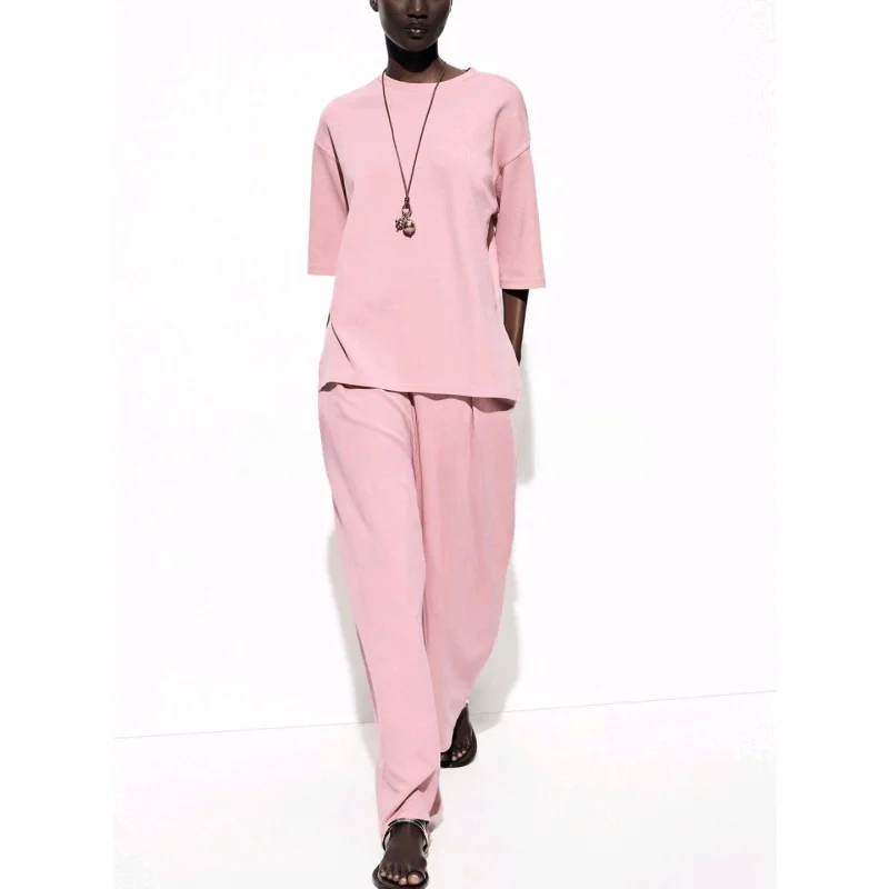 

Waed Effect Double-sided Fabric round Ne ort Sve T-irt Comfortable Casual Pants Set Summer 2025 Faion Ensemble