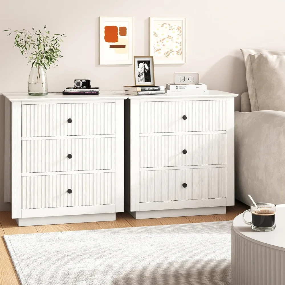 مجموعة منضدة واسعة مقاس 24 بوصة مكونة من 2 مع قاعدة شحن، ومنضدة ليلية مخددة مع 3 أدراج، وخشب حديث بجانب الطاولة #1