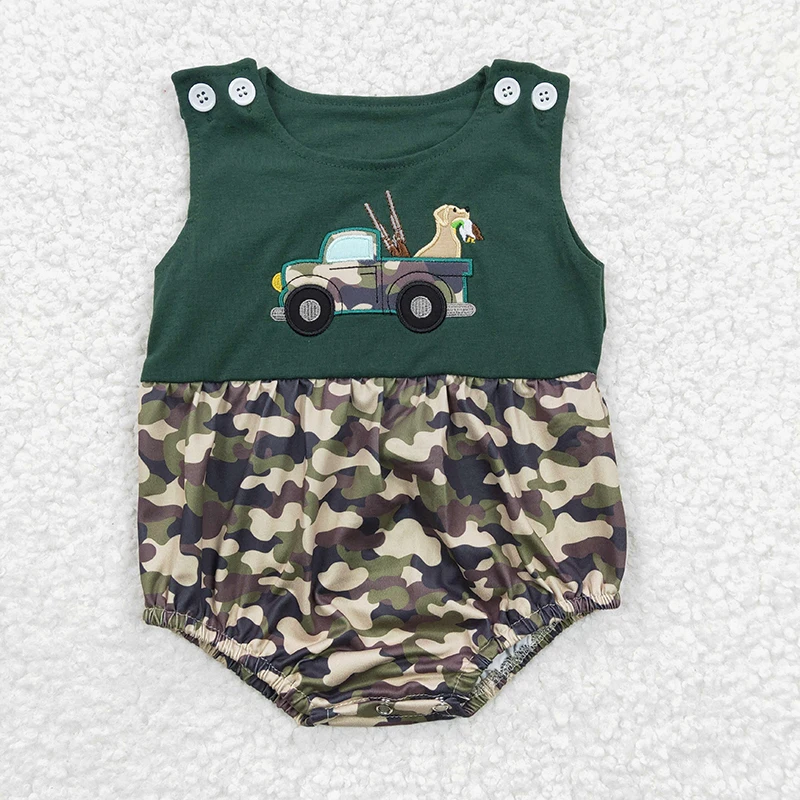 Wholesale Newborn Embroidery Truck Car Summer Romper Baby Boy Short Sleeves Camo Hunting Jumpsuit Kids Toddler Bubble One-piece