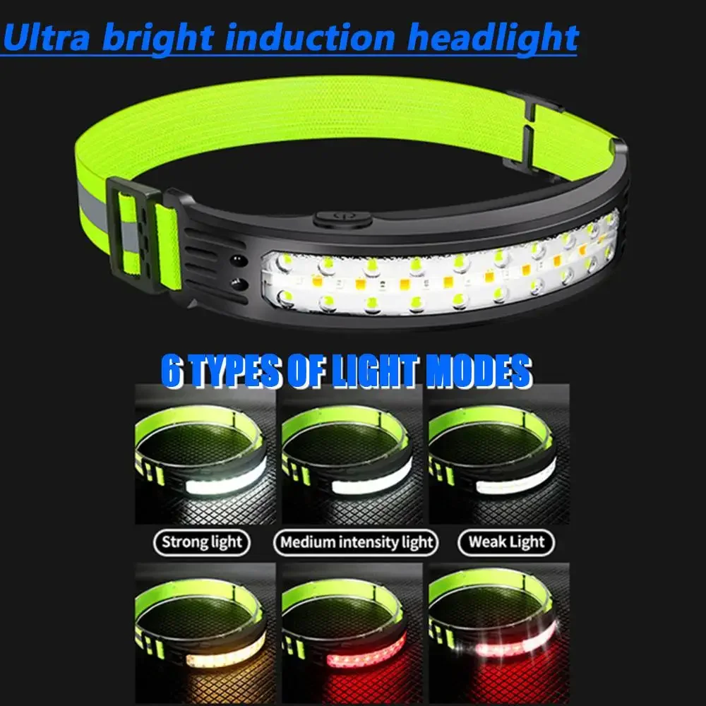 COB Strong Light Rechargeable Headlamp Red Light Warning Light Portable Outdoor COB Fishing Camping Night Running Headlights