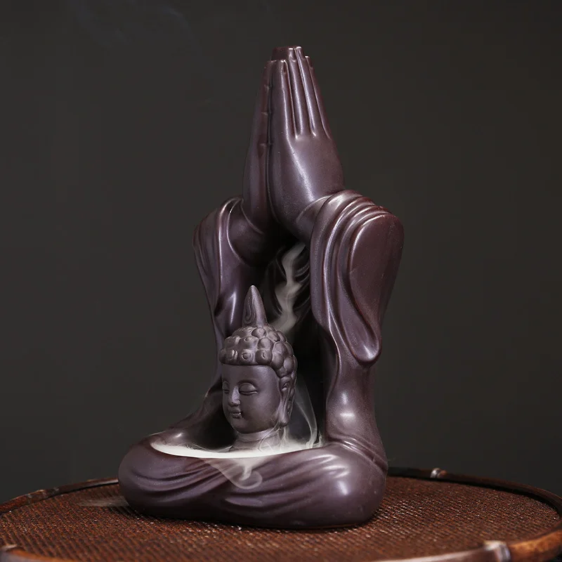 Backflow Incense Burner, Handmade Ceramic Buddha Hand Waterfall Holder for Home Relaxation With 20