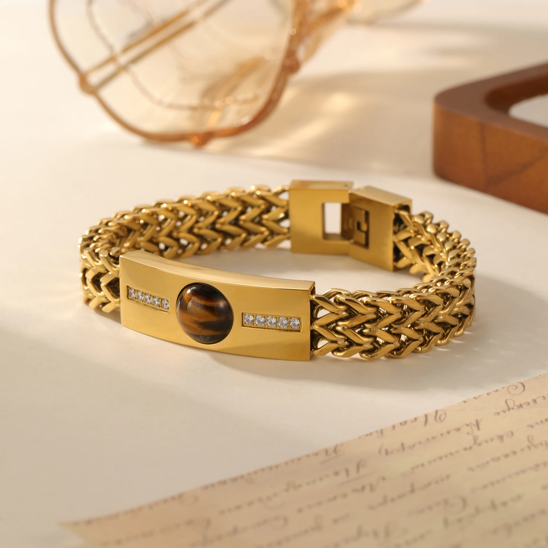 Men's Double Chain Stainless Steel Silver Gold Bracelet with Tiger Eye Stone Hip Hop Diamond Jewelry for Men Cool Gifts for Him