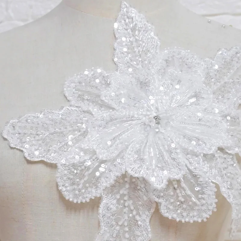 Sequin Beaded Flower Collar Applique White Lace Embroidered Patch Corsage DIY Decorative Wedding Dress Clothing Accessories