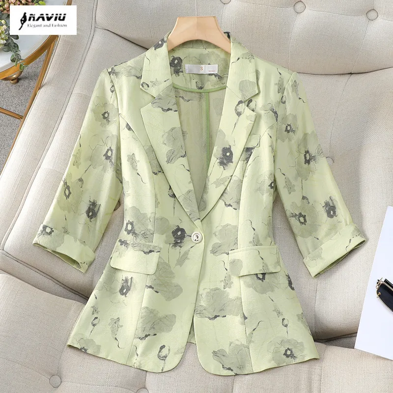 

NAVIU 2024 Spring Summer Women New Printed Small Suit Jacket Female Long Sleeve Slim Short Retro Coat Ladies Fragrant Top Blazer