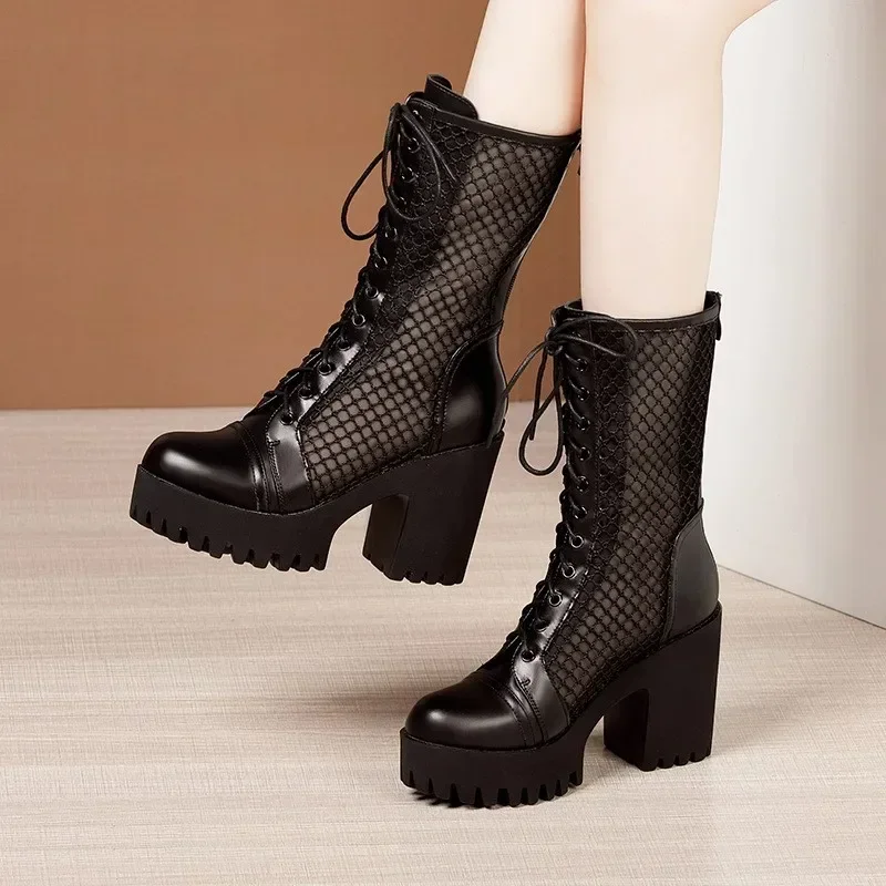 Small Size 32-43 Fashion Block High Heels Sandals Summer Platform Shoes 2024 Women's Cutout Short Ankle Boots Genuine Leather