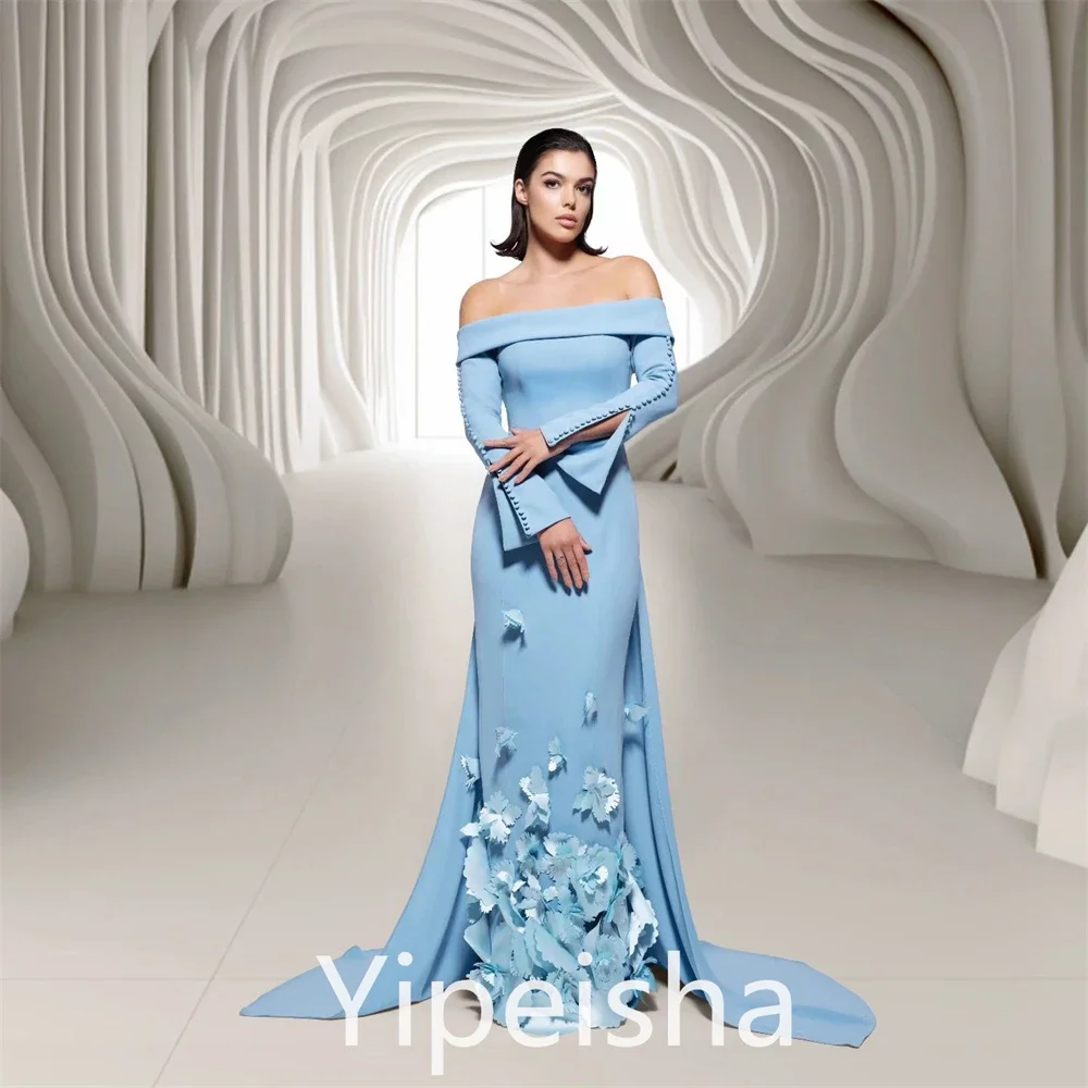 Customized Exquisite Elegant Off-the-shoulder Sheath Evening  Flower Satin Floor Length Watteau Custom Evening Dress