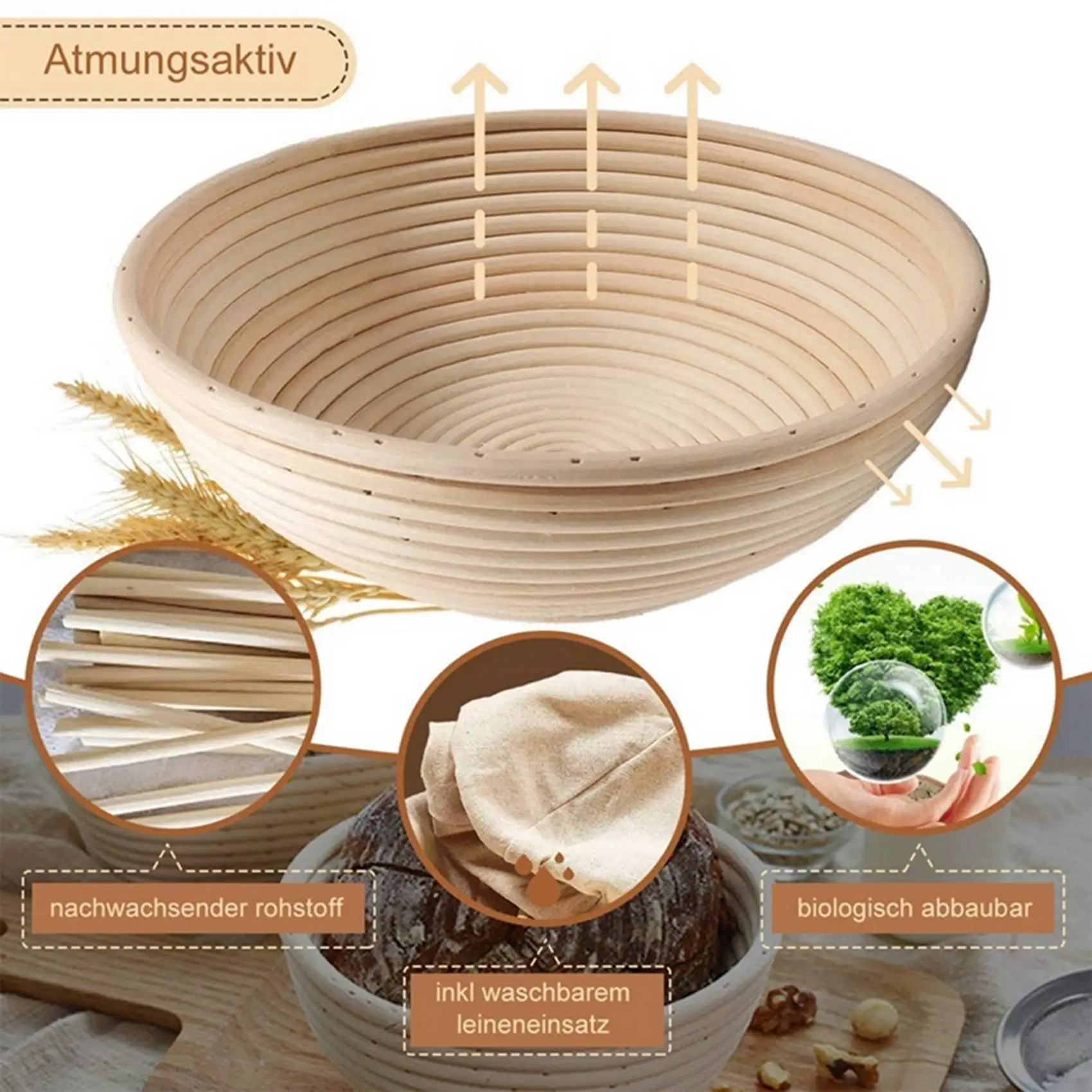 

Y74A-Round Set,4 Yeast Baskets For Bread And Bread Dough, Banneton Proofing Basket With Linen Inserts,Dough Scraper Set Round