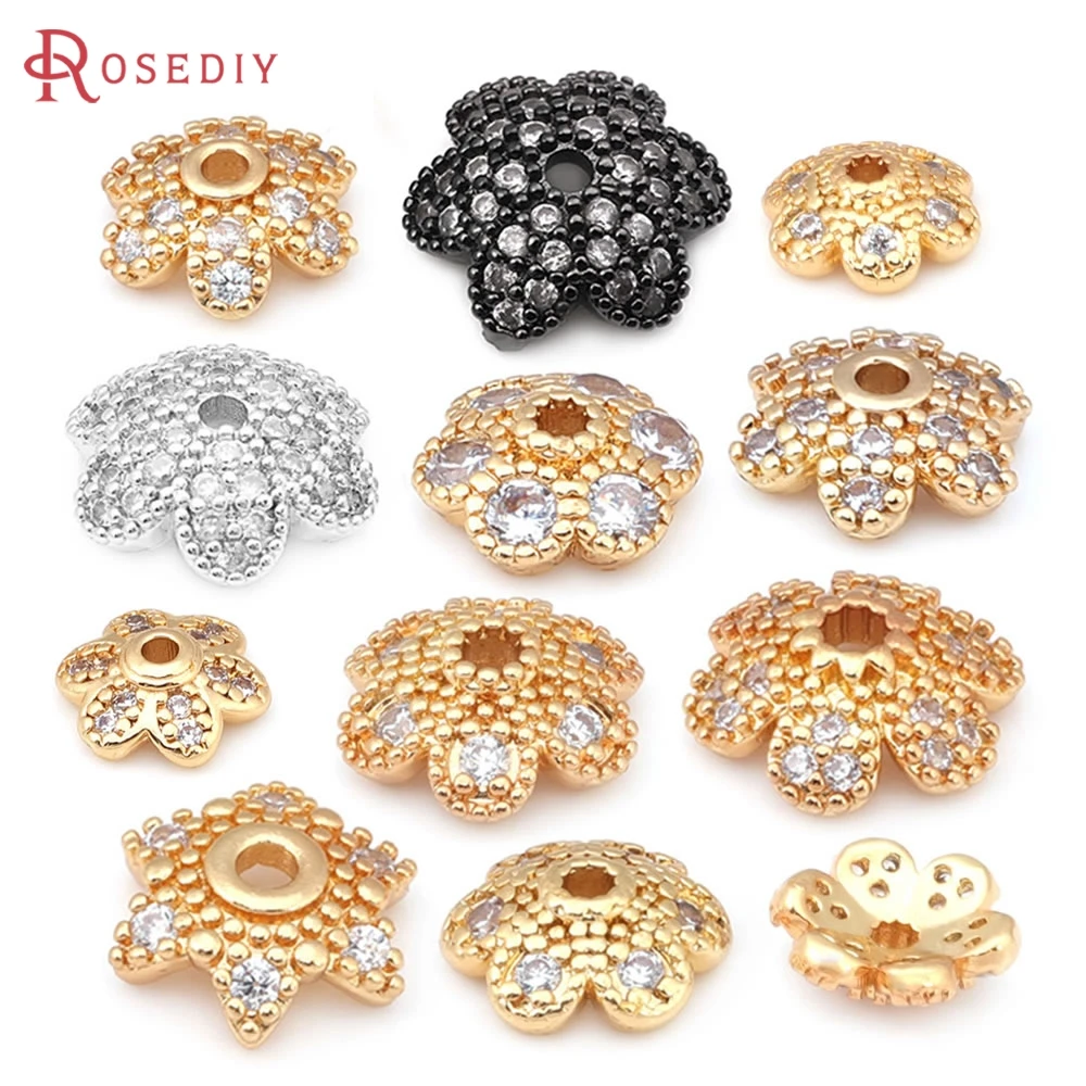 

10PCS 6MM 8MM 10MM 18K Gold Color Brass and Zircon Flower Beads Caps Jewelry Making Supplies High Quality Diy Accessories