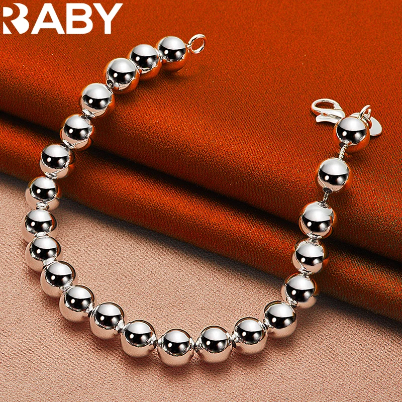 

URBABY 925 Sterling Silver Smooth 8mm Beads Bracelet For Women Men Bead Chain Bracelets Lady Fashion Wedding Party Jewelry Gifts