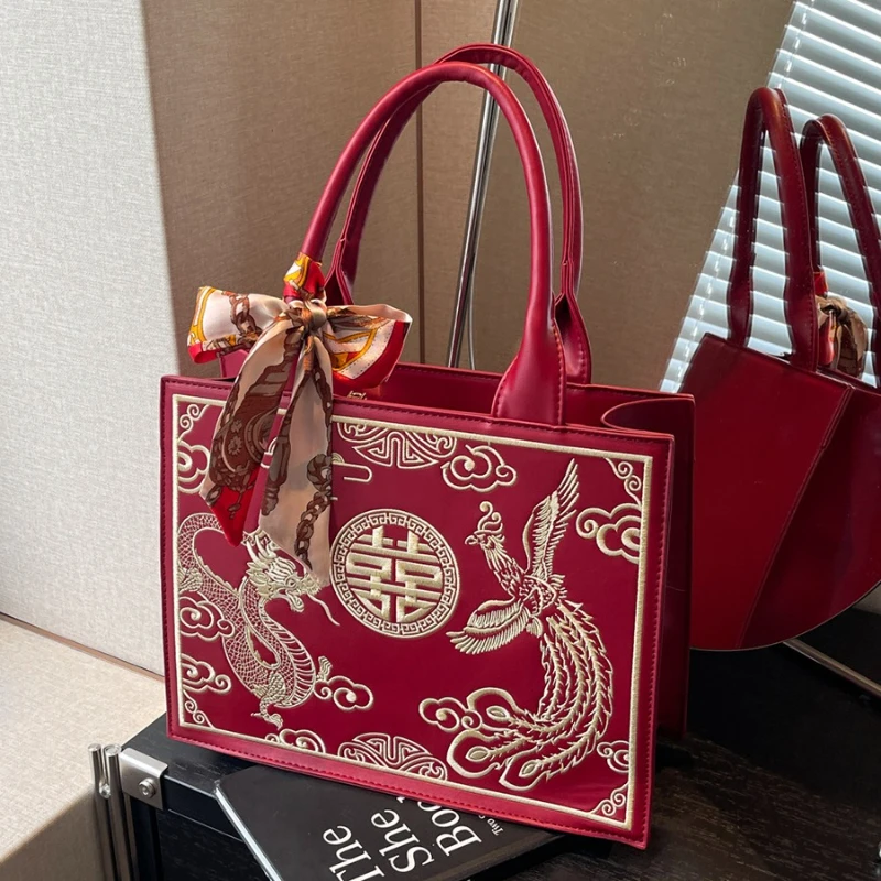 

New Chinese-Style National Embroidery Wedding Handbag Red Bride Tote Bag High-End Shoulder Crossbody Bag