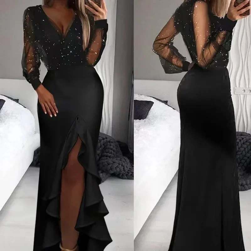 

LIBIELIY Black Deep V Mesh Long Skirt Elegant Waist-Cinching Wrap Around Dress Glittering Sequins Commuter Fashion Women's Cloth